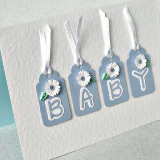 Handmade new baby boy birth congratulations card, quilled
