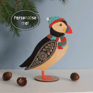 Standing Wooden Puffin or Festive Puffin Decoration - Etched and Hand Painted