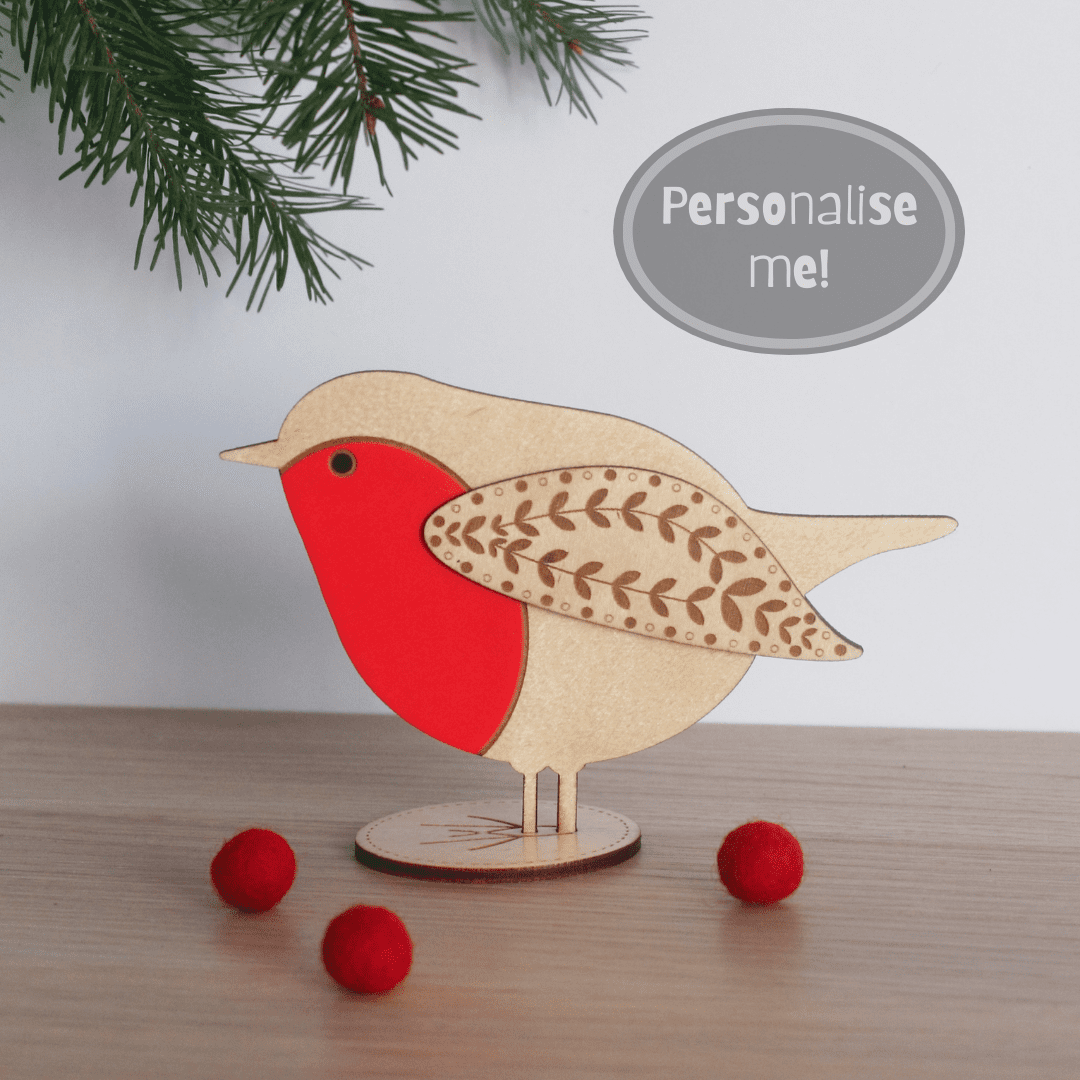 Standing Wooden Robin Christmas Decoration - Etched and Hand Painted