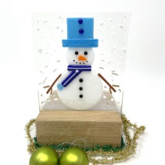 Snowman Tea Light Decoration -Fused Glass & wooden block