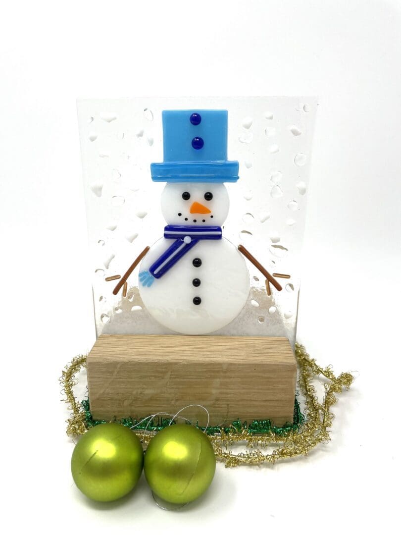 Snowman Tea Light Decoration -Fused Glass & wooden block