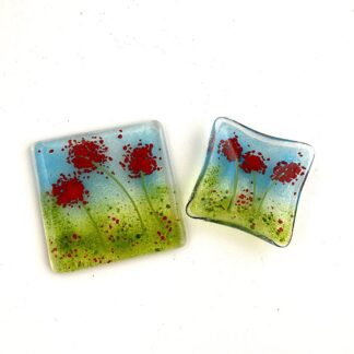 Red Flower Burst Coaster and Dish Set