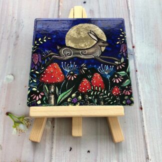 Hare & moon art tile with easel
