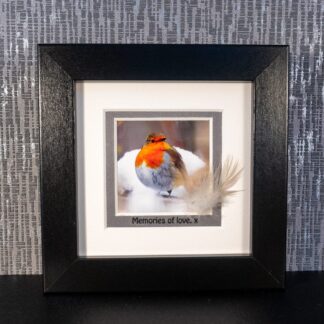 Robin with Feather & Sentimental message “Memories of love. x” black, white or grey framed picture by Pictures2Mixtures