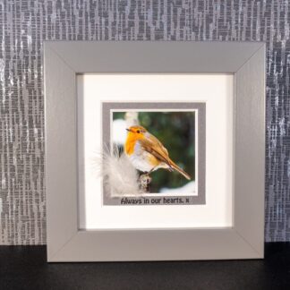 Robin with Feather & Sentimental message “Always in our hearts. x” grey, white or black framed picture by Pictures2Mixtures
