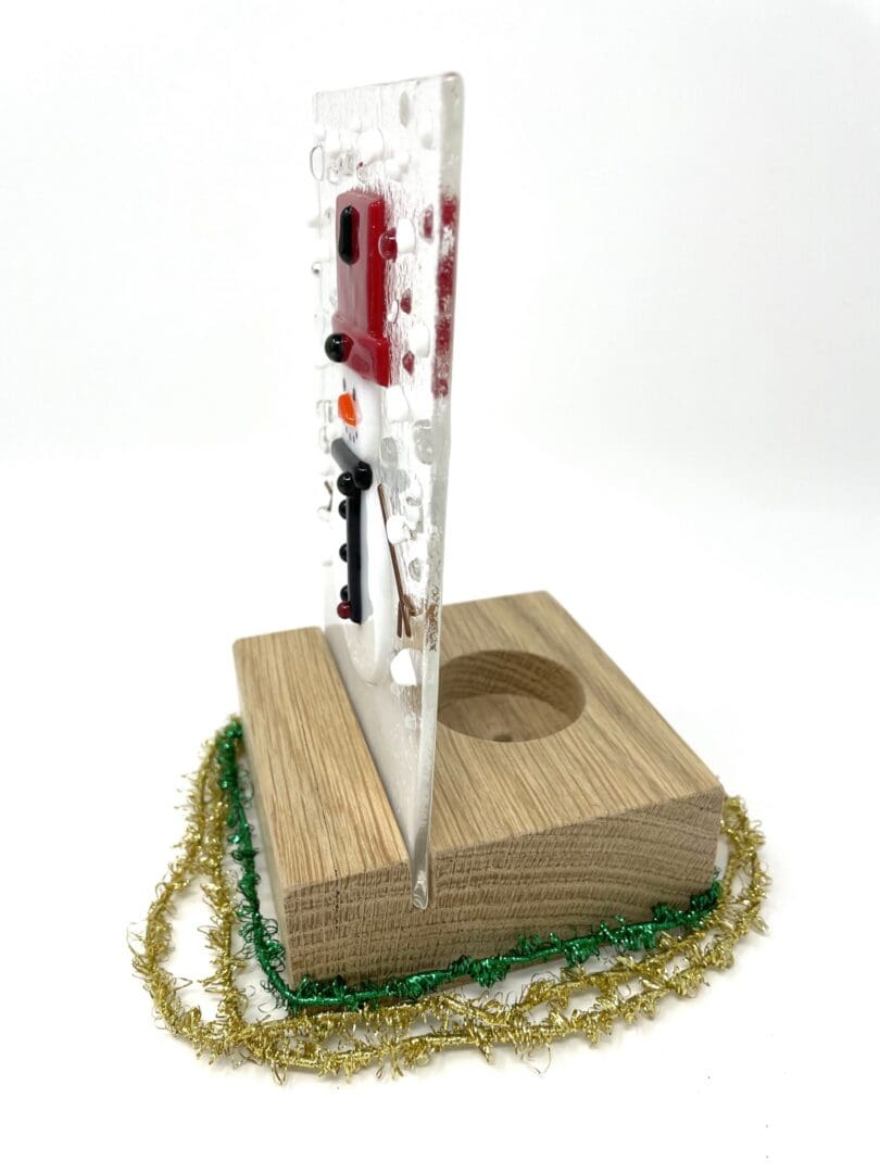 Snowman Tea Light Decoration -Fused Glass & wooden block - Image 2