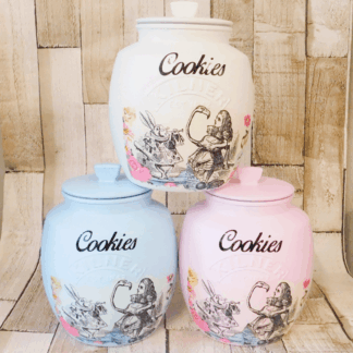 Alice in Wonderland Cookie Jar Biscuit Barrel, White, Pink or Blue