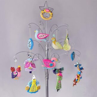 Pastel set of 12 Days of Christmas decorations on metal tree