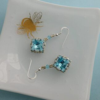 Aqua Blue Crystal Vintage Style Dangle Earrings with Sterling Silver Earwires