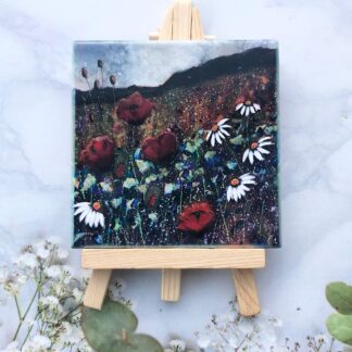 Daisy & poppy ceramic landscape art tile with easel
