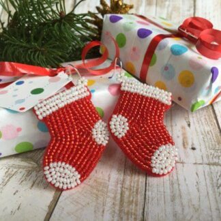 Red & White Christmas Stocking Earrings, Hand Beaded