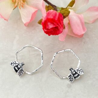 Handmade Bee Earrings Silver Geometric Honeycomb Studs Front Facing Hoops