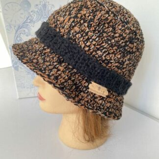 Stylish Ladies Crochet Bucket Hat in Tan, Grey, and Black Multi Tones with Decorative Black Band