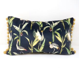 Black velvet bird print cushion