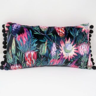 Black floral print velvet cushion