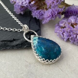 Blue Green Shattuckite Gemstone Necklace Silver Hallmarked Pendant
