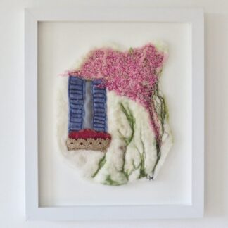 Textile Picture Pink Bougainvillea Flowers and Blue Shutters