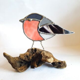 Stained Glass Bullfinch on Driftwood