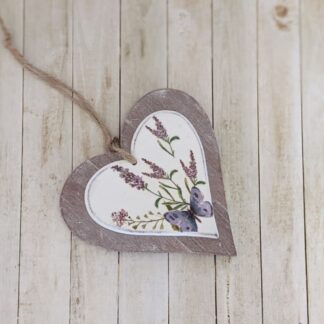 Butterfly and lavender wooden hanging heart decoration