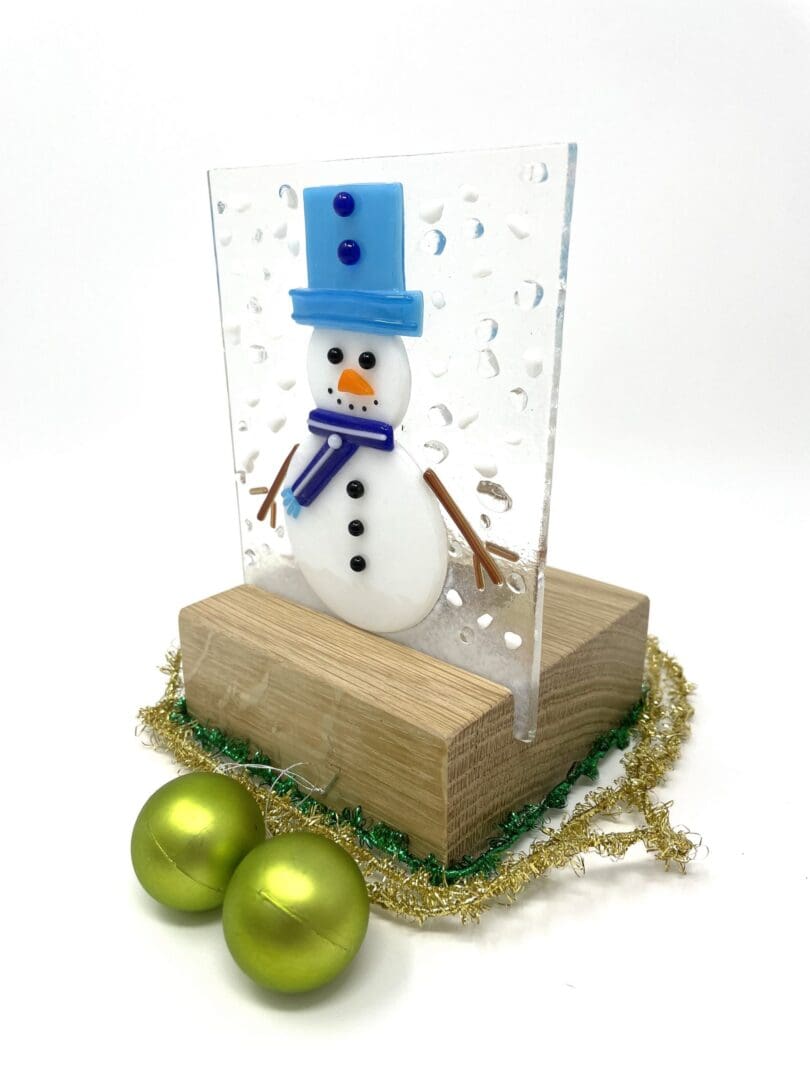 Snowman Tea Light Decoration -Fused Glass & wooden block - Image 3