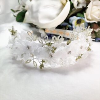 White Organza Ribbon Floral Crown Wedding Headband