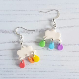 Clouds with rainbow rain drops drop earrings