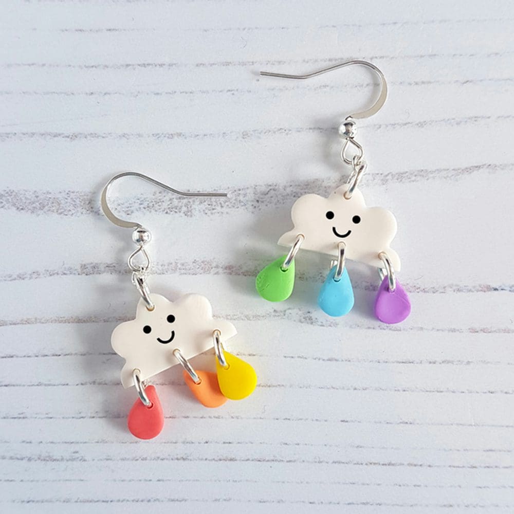Clouds with rainbow rain drops drop earrings - Image 4