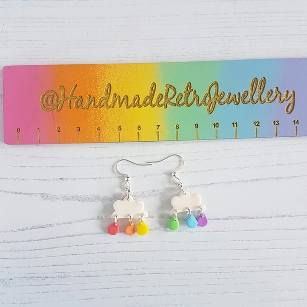 Clouds with rainbow rain drops drop earrings - Image 5