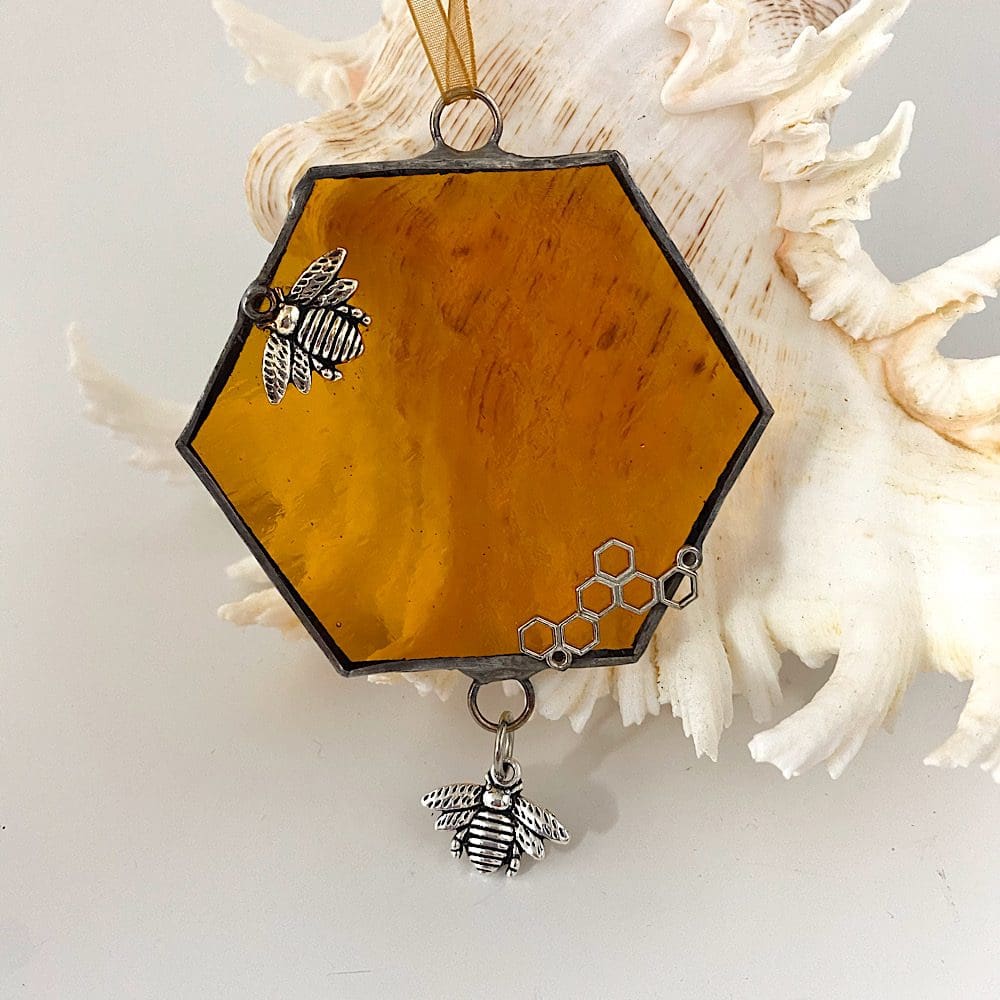 Stained Glass Mini Honeycomb and Bee Suncatcher