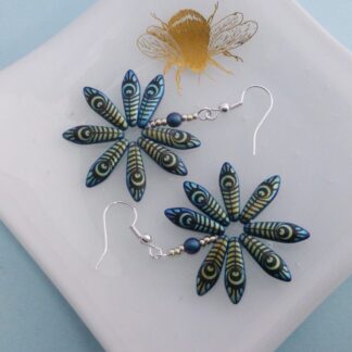 Funky Dark Blue Daisy Earrings with Peacock Feather Pattern