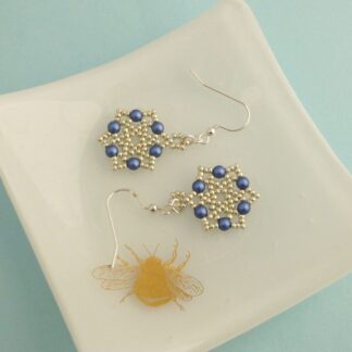 Silver and Dark Iridescent Blue Beaded Star Earrings