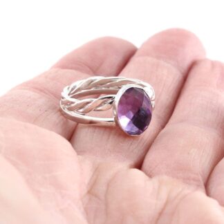 Sterling Silver Double Band Ring with Oval Faceted Amethyst