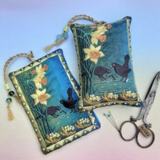 EARLY BIRDS, Spring Yellow Daffodils and primroses with Blackbirds, embroidered lavender pouch with beaded hanging loop,
