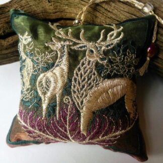 FOREST HART, embroidered lavender bag with wild stag and hinds, green and silver gold colours