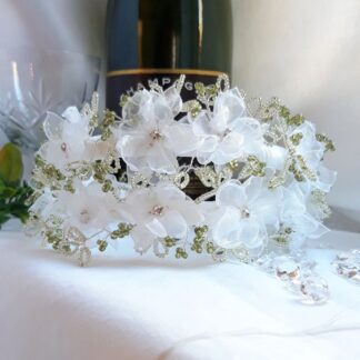 White Organza Ribbon Double Band Floral Crown Wedding Tiara