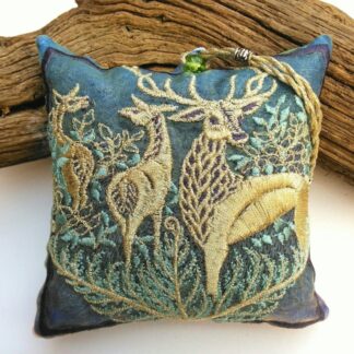 FOREST HART, embroidered lavender pouch, Teal and Blue colours, a wild stag with two deer hinds.