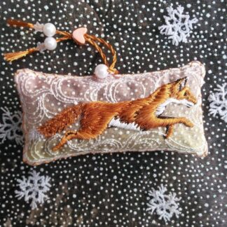 FOX in a snowstorm, embroidered lavenderbag, Rose gold and pink with white.