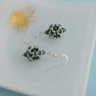Green Beaded Ball Earrings with Sterling Silver Earwires