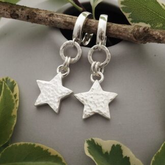 Sterling silver hammered star drop earrings - leverback hoops