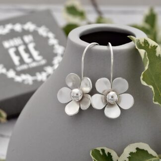 Handmade Argentium Sterling Silver Flower Dangle Drop Earrings
