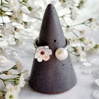 Handmade Silver Cherry blossom adjustable pearl ring