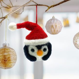 Needle felted Penguin Christmas bauble with Santa hat