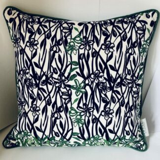 'Olive Flower' Cushion (square; charcoal/ green/ forest green reverse and piping)