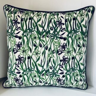 'Olive Flower' Cushion (square; green /charcoal/ blueberry grey reverse and piping)