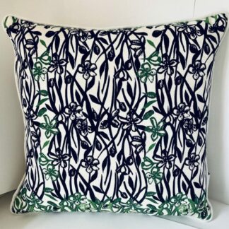 'Olive Flower' Cushion (square; charcoal/ green/ soya cream reverse and piping)