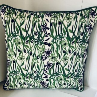 'Olive Flower' Cushion (square; green/ charcoal/ forest green reverse and piping)