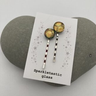 Gold honeycomb pattern dichroic glass hair grips