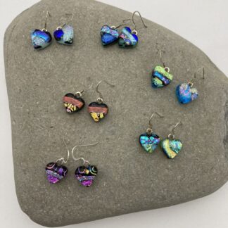 Heart shaped dangly dichroic glass earrings