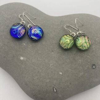 Rainbow swirl pattern dichroic glass dangly earrings