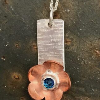 Handmade, eco-silver, copper and blue dichroic glass flower pendant